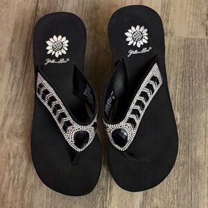 Yellow Box Black Sandals with Rhinestone Accents